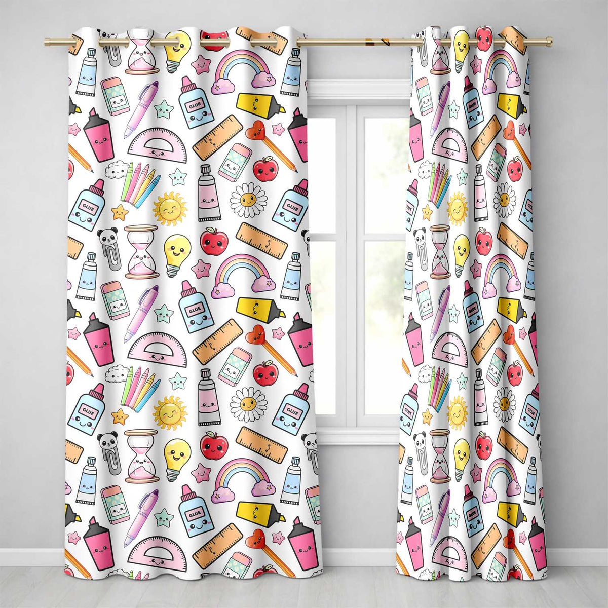 Cute Kawaii Creative School Supplies Mixed Fun Seamless Pattern Readymade Eyelet Ring Top Thermal 100% Blackout Curtains