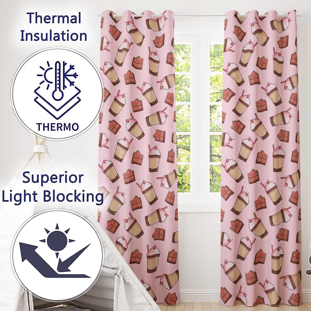 Cute Chocolate Milkshake Soft Pink Background Sweet Drink Seamless Pattern Readymade Eyelet Ring Top Thermal 100% Blackout Curtains