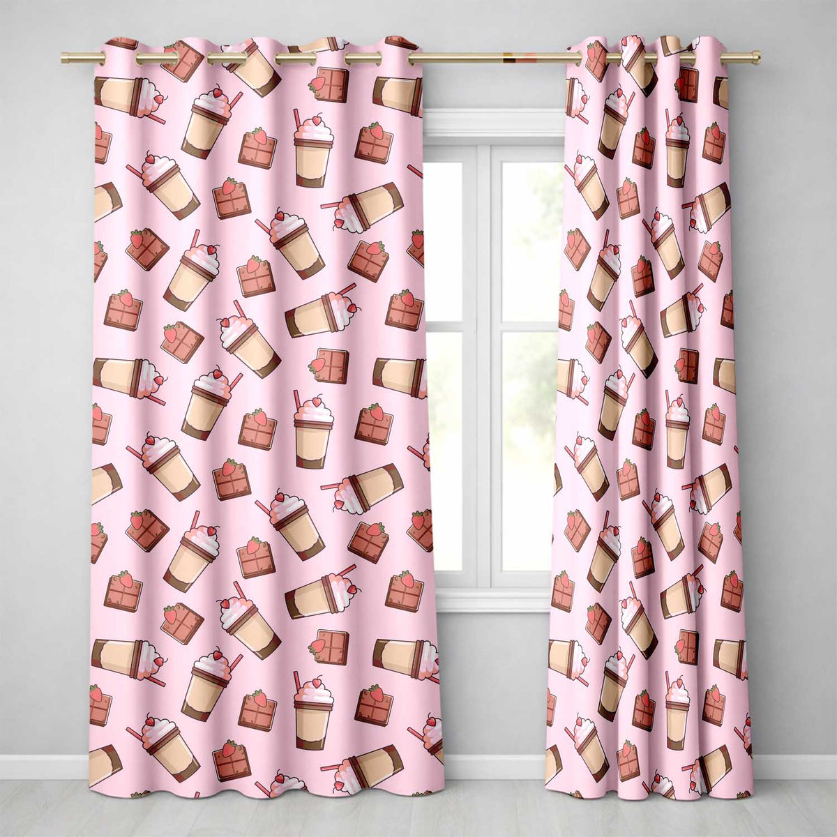 Cute Chocolate Milkshake Soft Pink Background Sweet Drink Seamless Pattern Readymade Eyelet Ring Top Thermal 100% Blackout Curtains