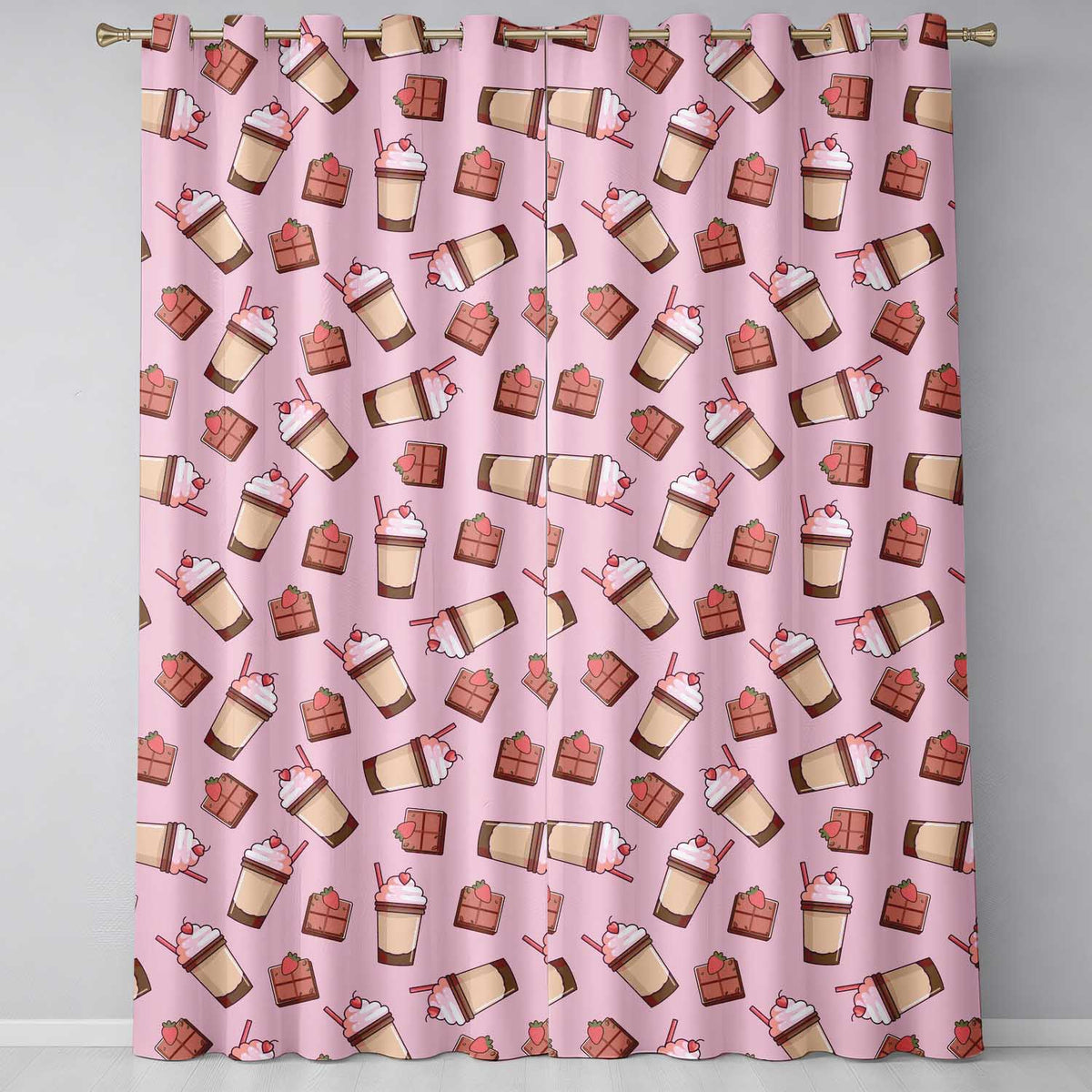 Cute Chocolate Milkshake Bright Pink Background Sweet Drink Seamless Pattern Readymade Eyelet Ring Top Thermal 100% Blackout Curtains