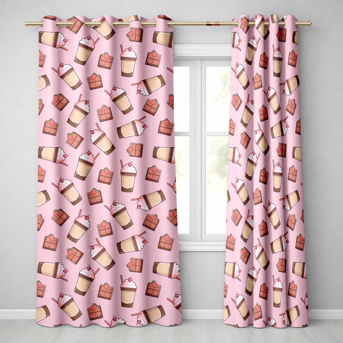 Cute Chocolate Milkshake Bright Pink Background Sweet Drink Seamless Pattern Readymade Eyelet Ring Top Thermal 100% Blackout Curtains