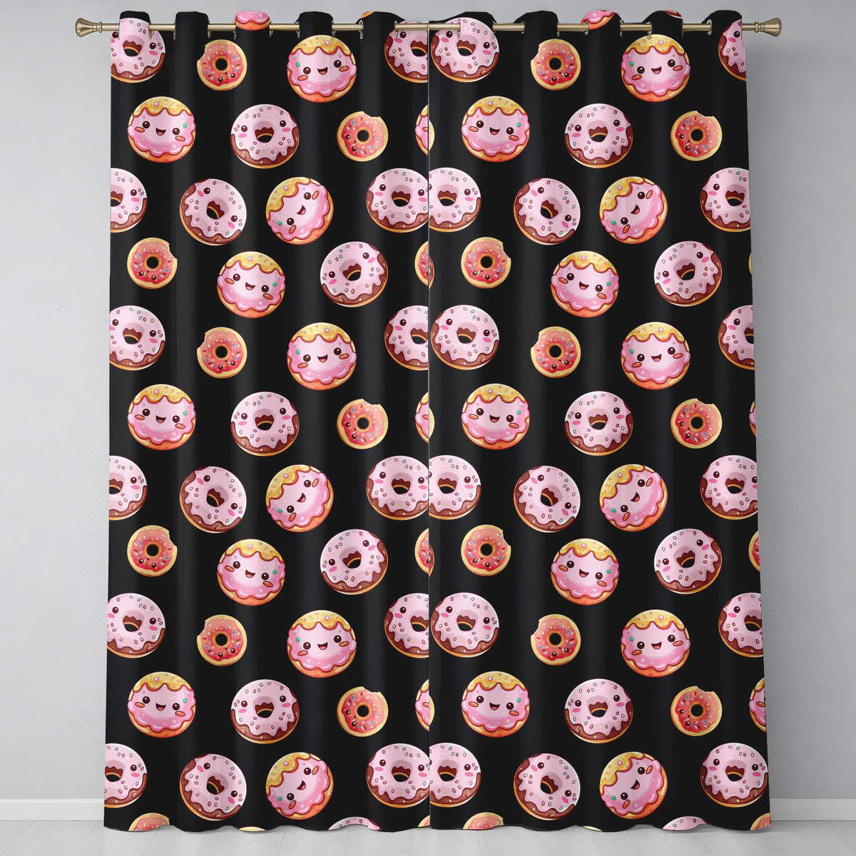 Cute Kawaii Donuts Black Background Sweet Dessert Seamless Pattern Readymade Eyelet Ring Top Thermal 100% Blackout Curtains