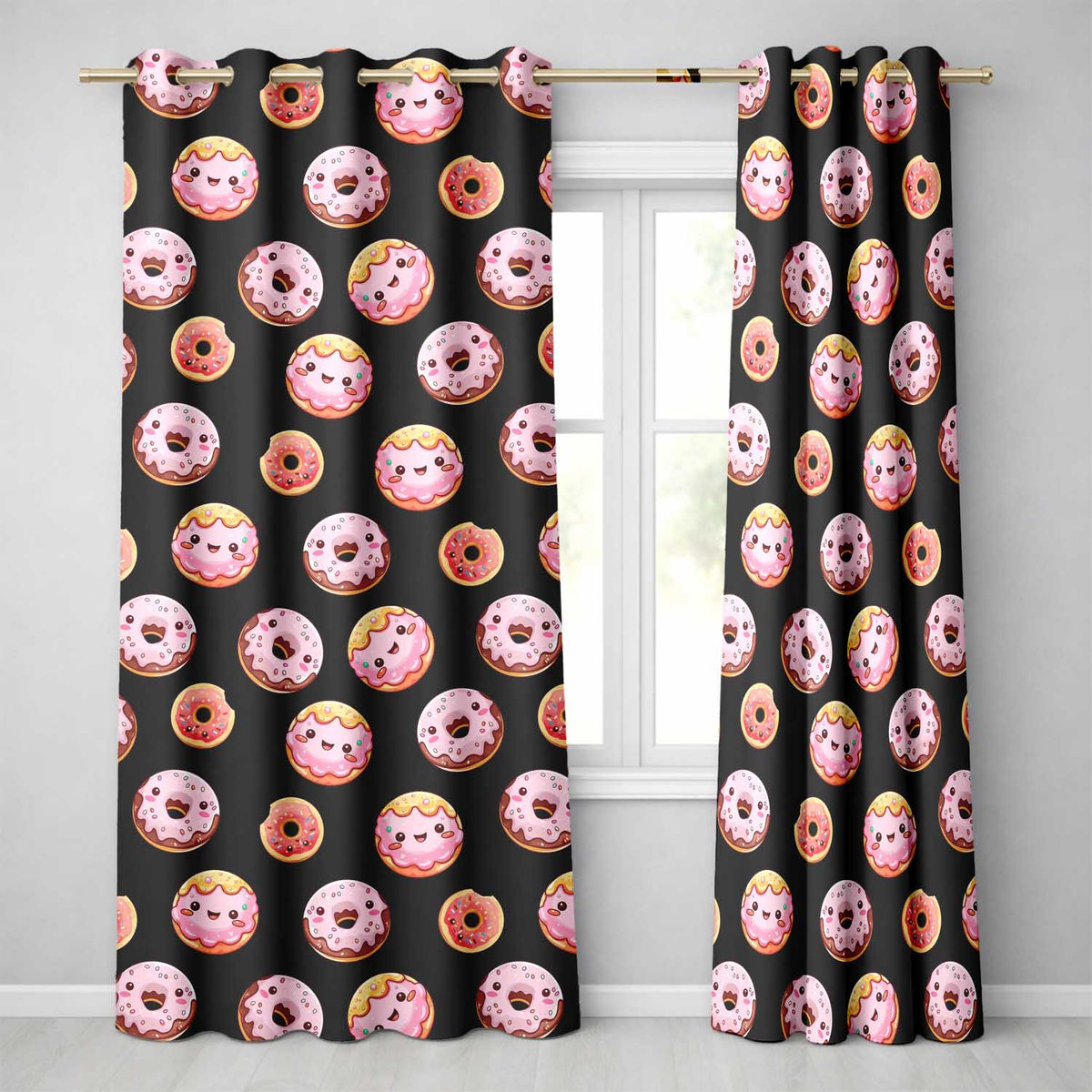 Cute Kawaii Donuts Black Background Sweet Dessert Seamless Pattern Readymade Eyelet Ring Top Thermal 100% Blackout Curtains