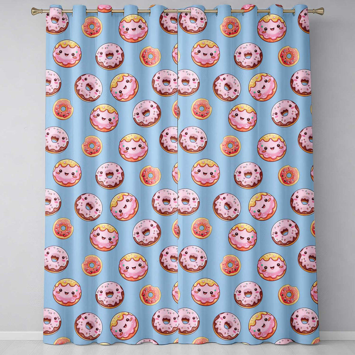 Cute Kawaii Donuts Blue Background Sweet Dessert Seamless Pattern Readymade Eyelet Ring Top Thermal 100% Blackout Curtains