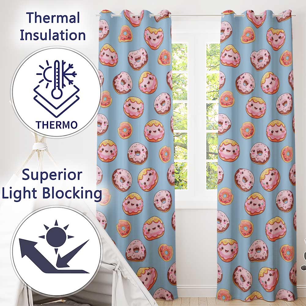 Cute Kawaii Donuts Blue Background Sweet Dessert Seamless Pattern Readymade Eyelet Ring Top Thermal 100% Blackout Curtains
