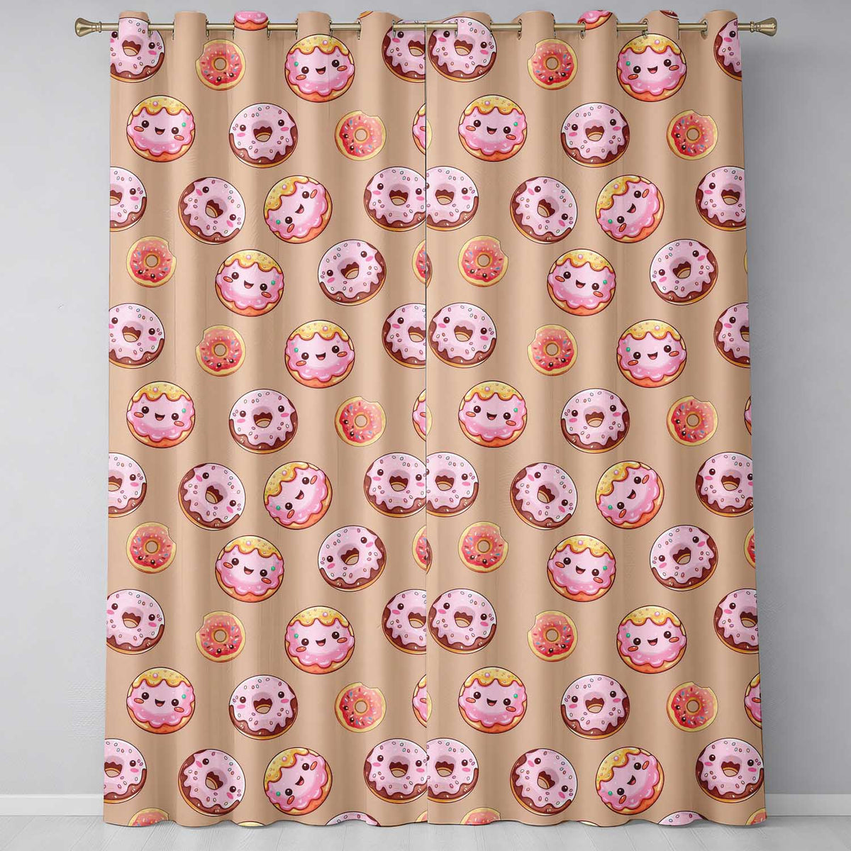Cute Kawaii Donuts Peach Background Sweet Dessert Seamless Pattern Readymade Eyelet Ring Top Thermal 100% Blackout Curtains