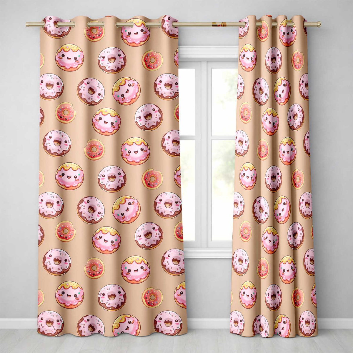Cute Kawaii Donuts Peach Background Sweet Dessert Seamless Pattern Readymade Eyelet Ring Top Thermal 100% Blackout Curtains