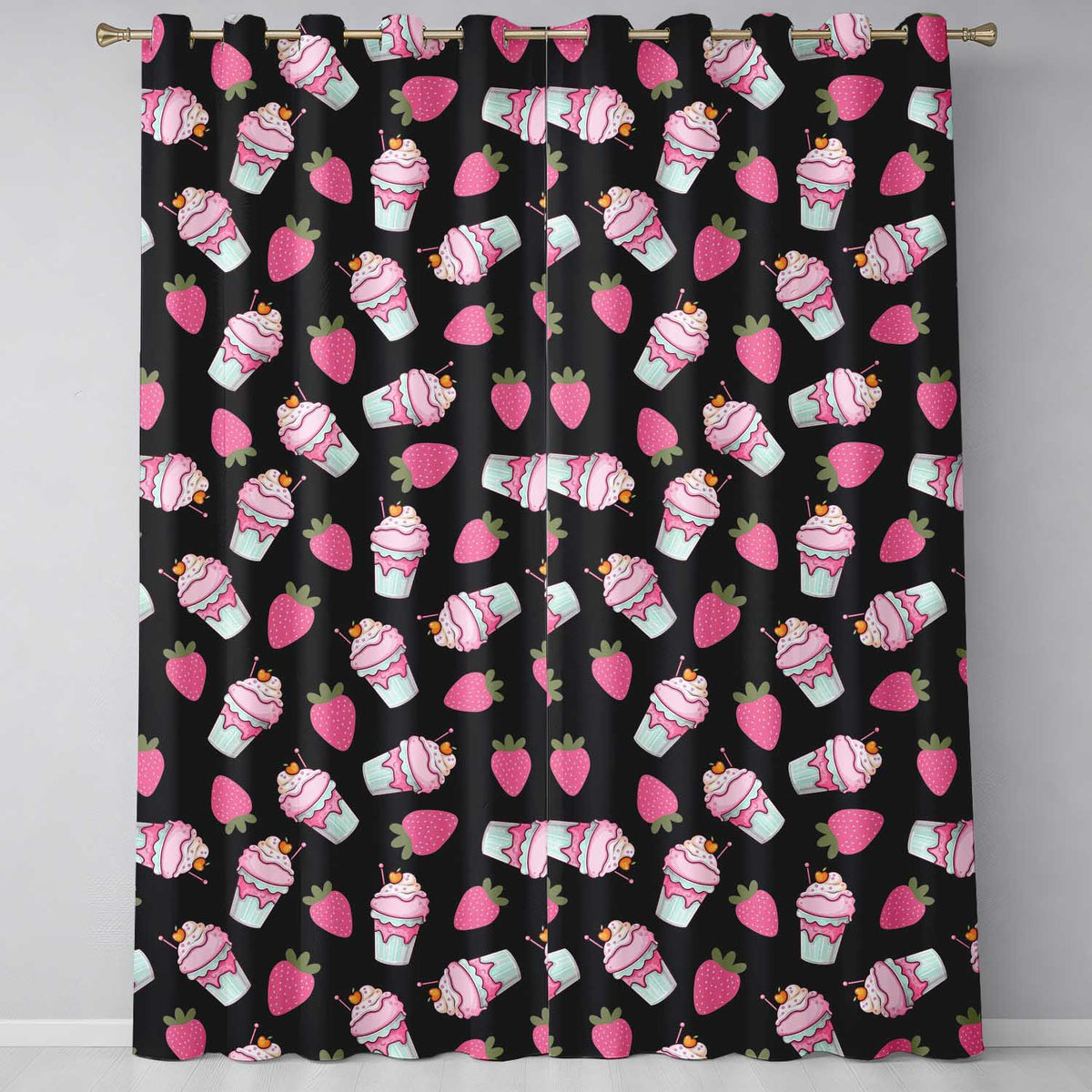 Cute Strawberry Milkshake Cupcake Black Background Seamless Pattern Readymade Eyelet Ring Top Thermal 100% Blackout Curtains