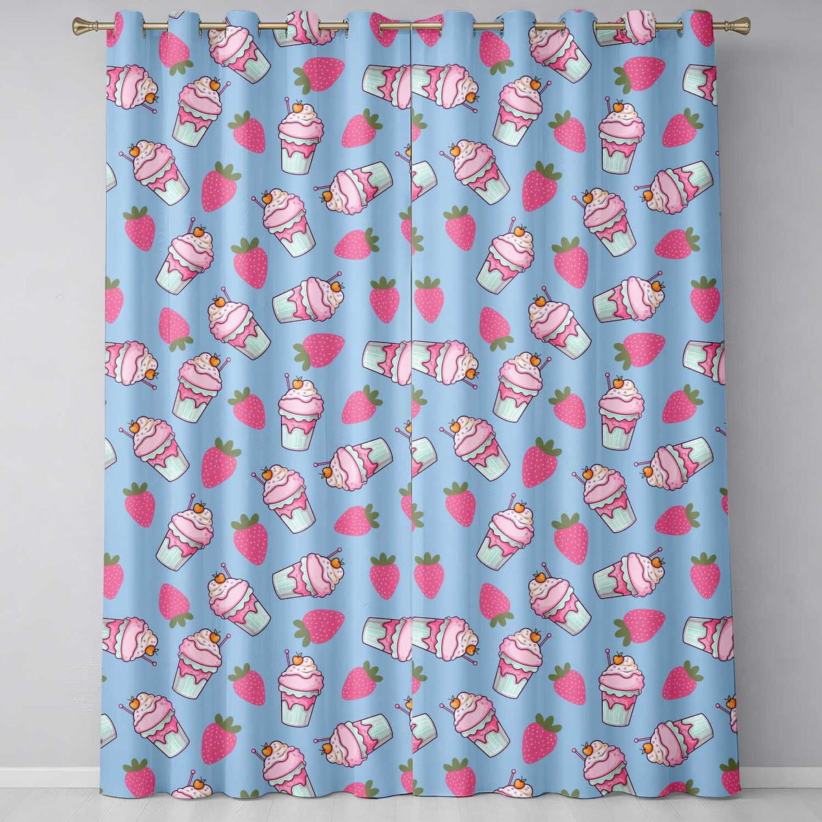 Cute Strawberry Milkshake Cupcake Blue Background Seamless Pattern Readymade Eyelet Ring Top Thermal 100% Blackout Curtains