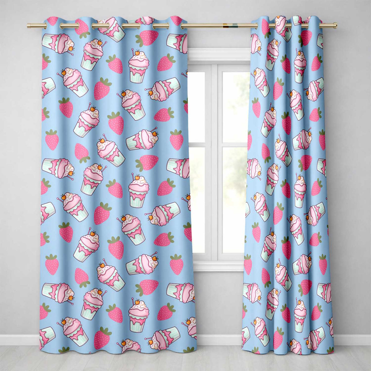 Cute Strawberry Milkshake Cupcake Blue Background Seamless Pattern Readymade Eyelet Ring Top Thermal 100% Blackout Curtains