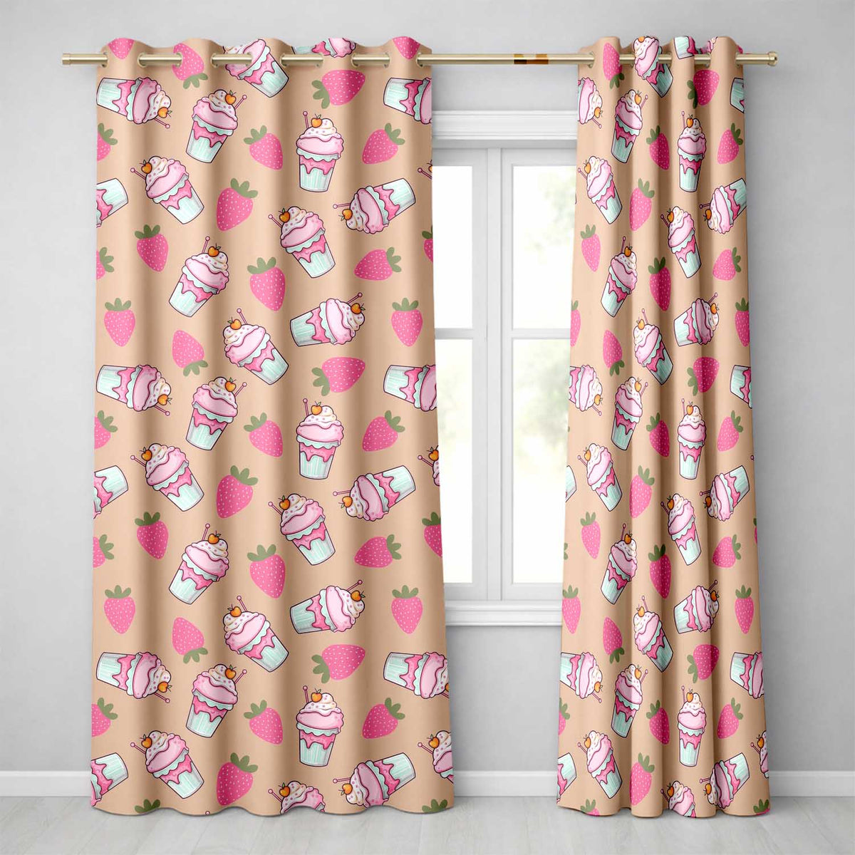 Cute Strawberry Milkshake Cupcake Peach Background Seamless Pattern Readymade Eyelet Ring Top Thermal 100% Blackout Curtains