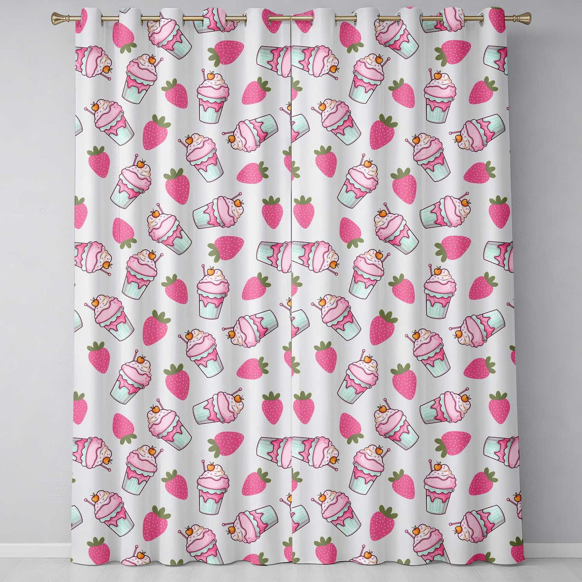 Cute Strawberry Milkshake Cupcake Cream Background Seamless Pattern Readymade Eyelet Ring Top Thermal 100% Blackout Curtains