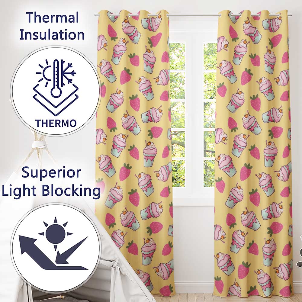 Cute Strawberry Milkshake Cupcake Yellow Background Seamless Pattern Readymade Eyelet Ring Top Thermal 100% Blackout Curtains