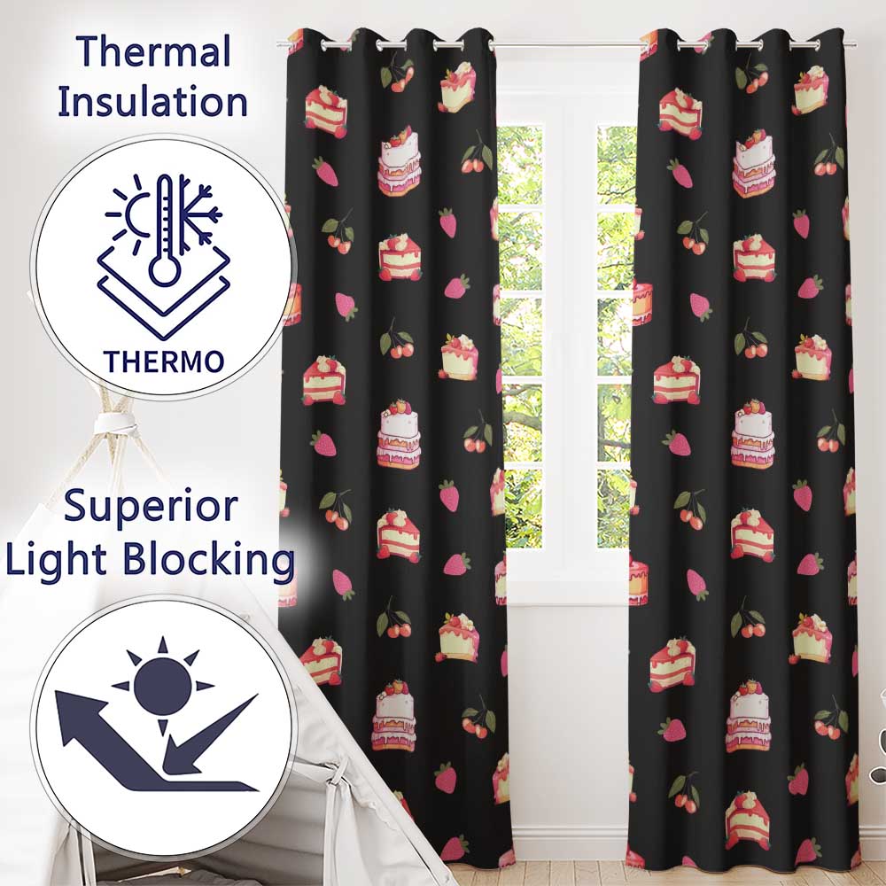 Cute Strawberry Cake Cherry Dessert Black Background Seamless Pattern Readymade Eyelet Ring Top Thermal 100% Blackout Curtains