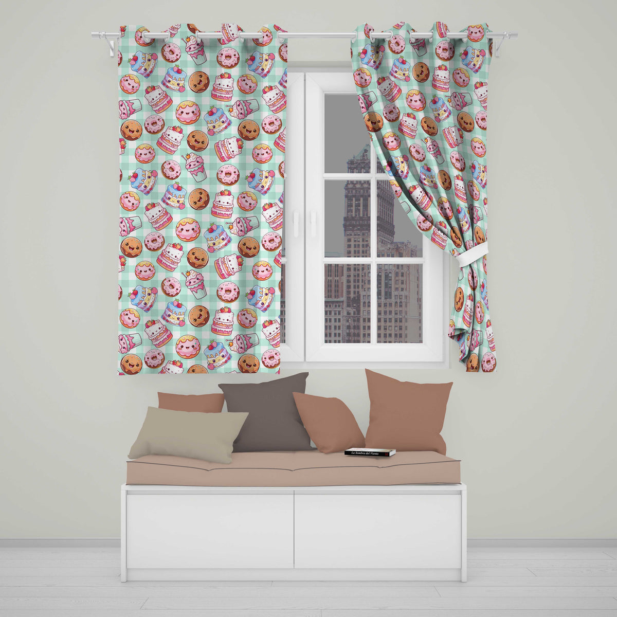 Cute Kawaii Donut Cake Dessert Mint Gingham Seamless Pattern Readymade Eyelet Ring Top Thermal 100% Blackout Curtains
