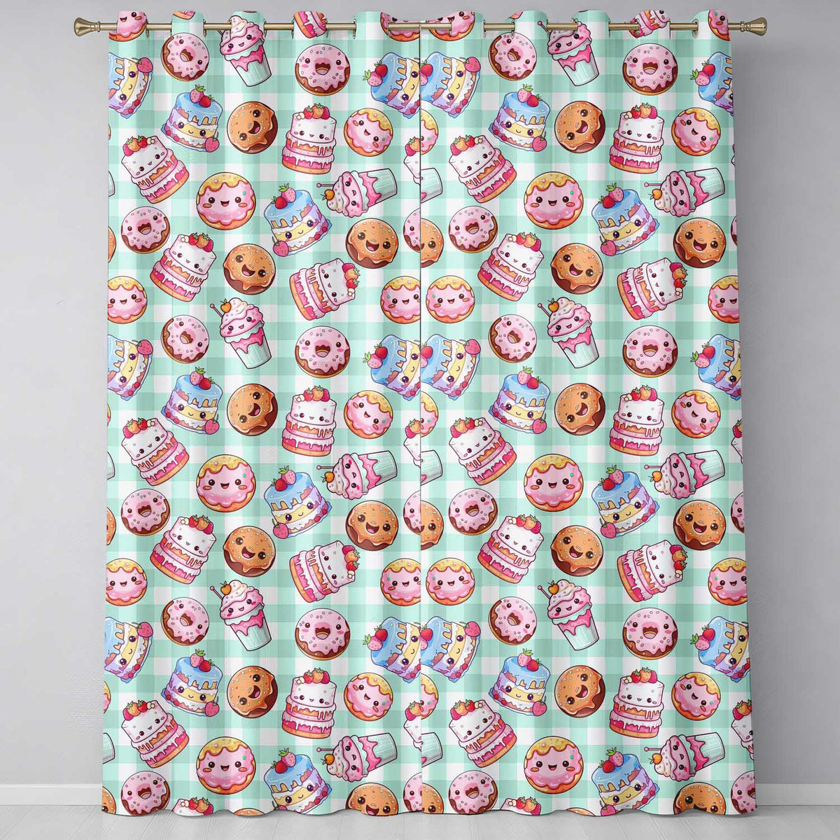 Cute Kawaii Donut Cake Dessert Mint Gingham Seamless Pattern Readymade Eyelet Ring Top Thermal 100% Blackout Curtains