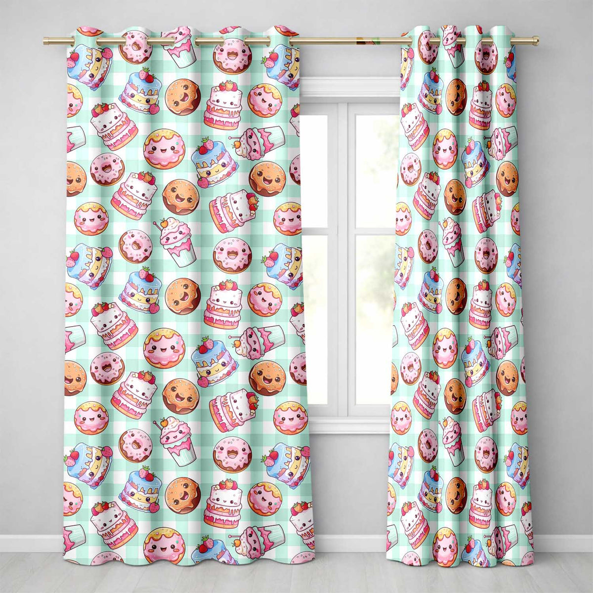 Cute Kawaii Donut Cake Dessert Mint Gingham Seamless Pattern Readymade Eyelet Ring Top Thermal 100% Blackout Curtains