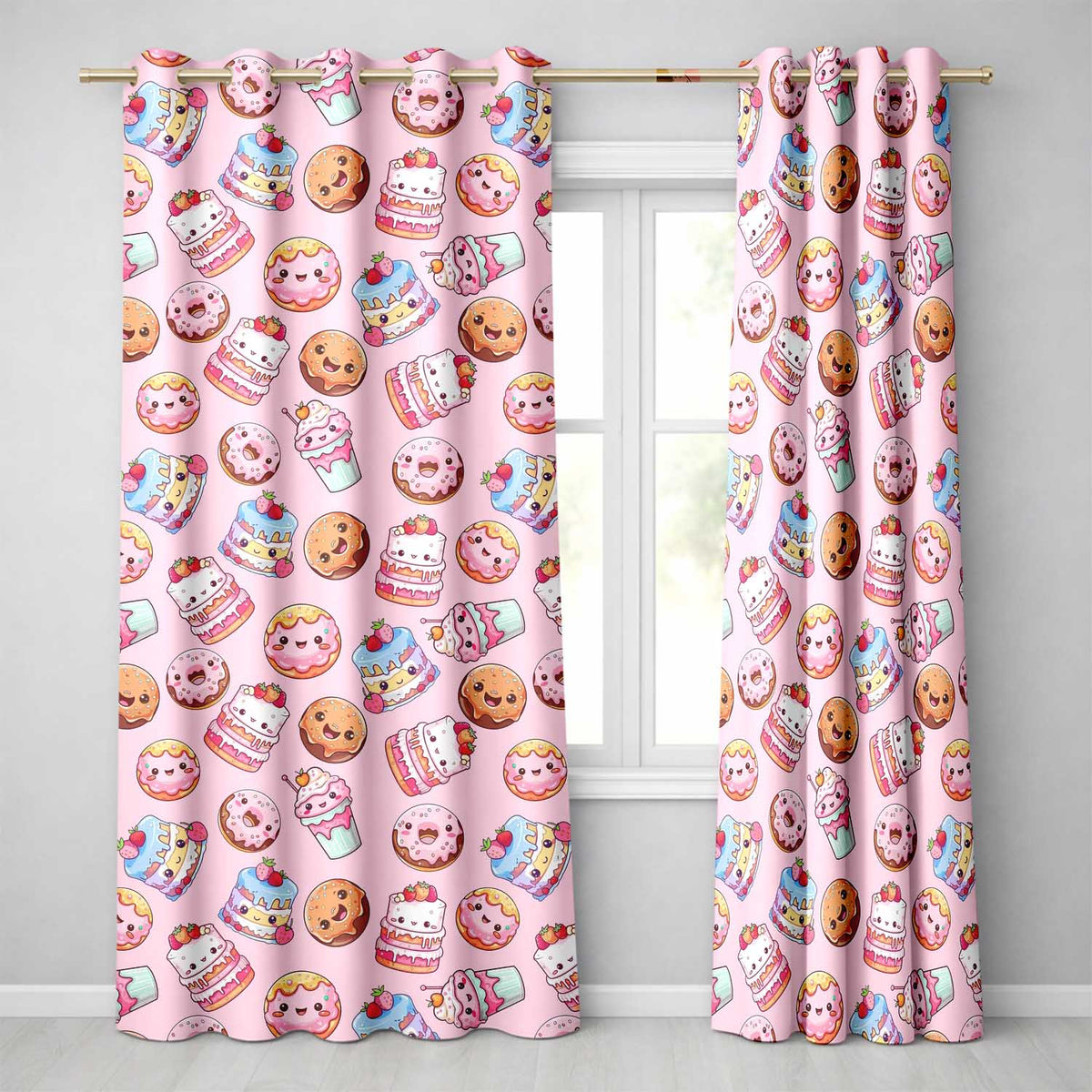 Cute Kawaii Donuts Cakes Desserts Soft Pink Background Seamless Pattern Readymade Eyelet Ring Top Thermal 100% Blackout Curtains