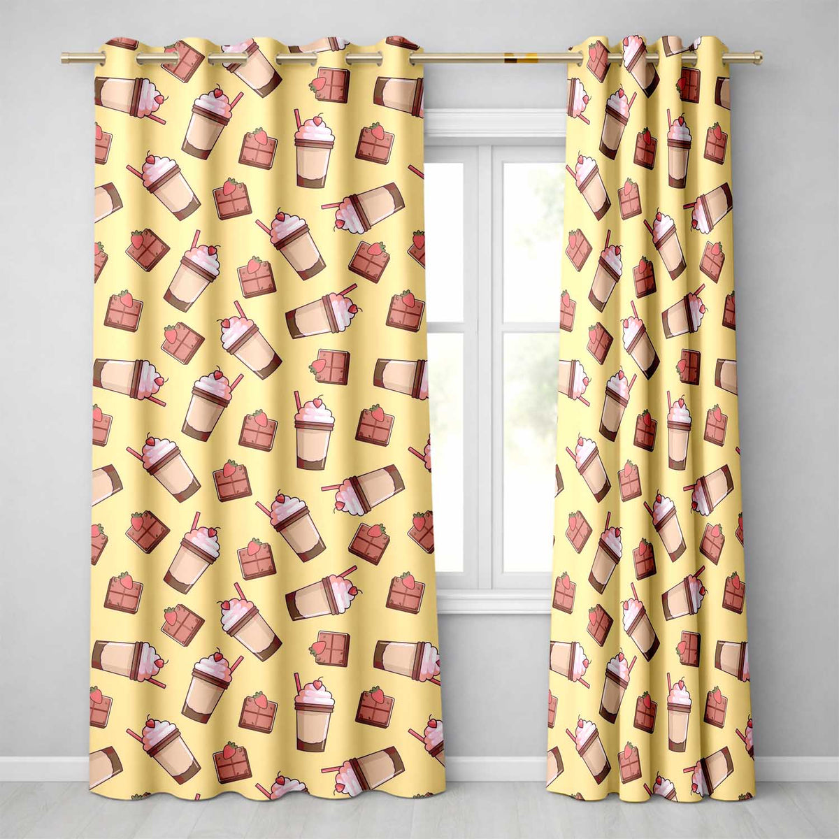 Cute Chocolate Strawberry Milkshake Yellow Background Seamless Pattern Readymade Eyelet Ring Top Thermal 100% Blackout Curtains