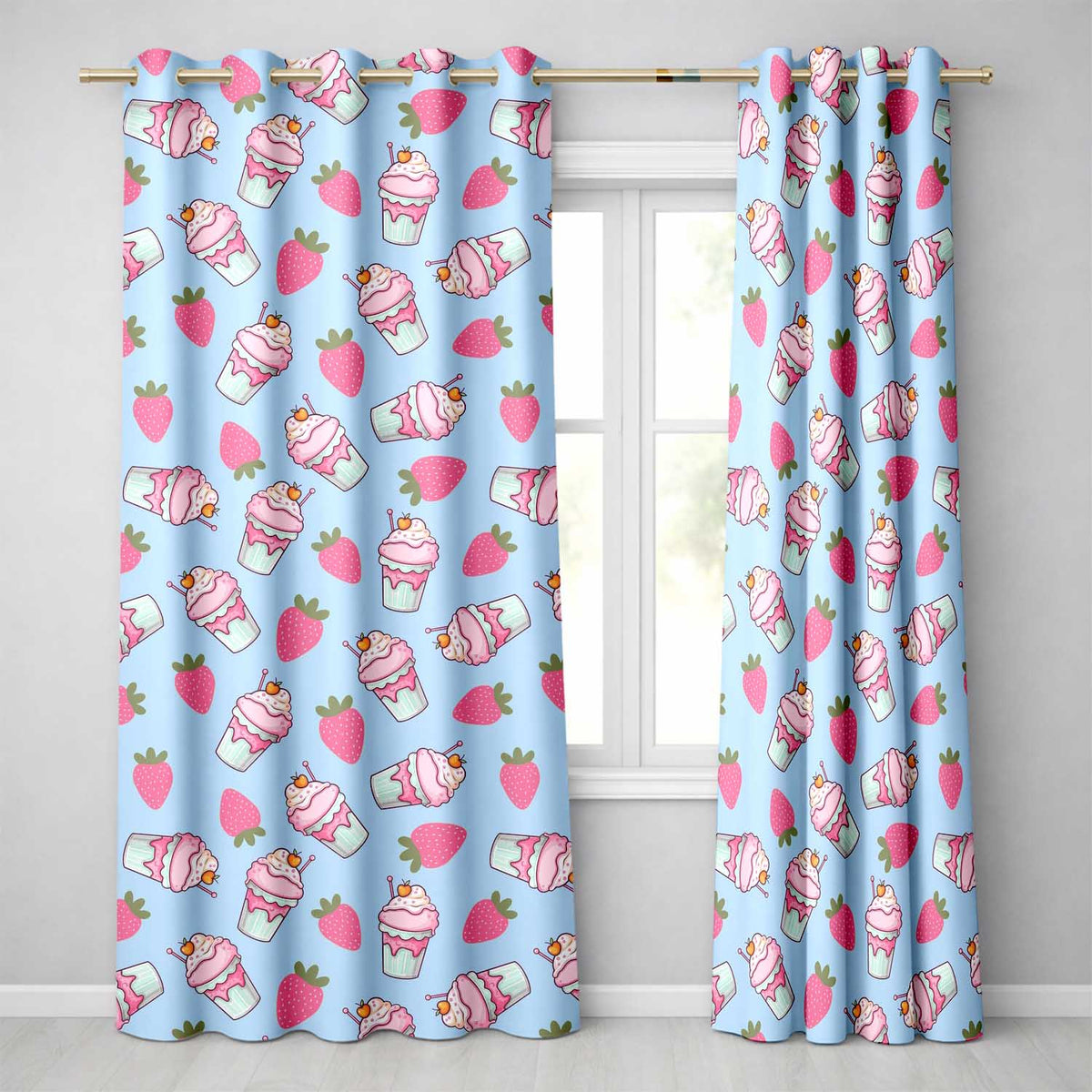Cute Strawberry Cupcakes with Pink Frosting Blue Background Seamless Pattern Readymade Eyelet Ring Top Thermal 100% Blackout Curtains