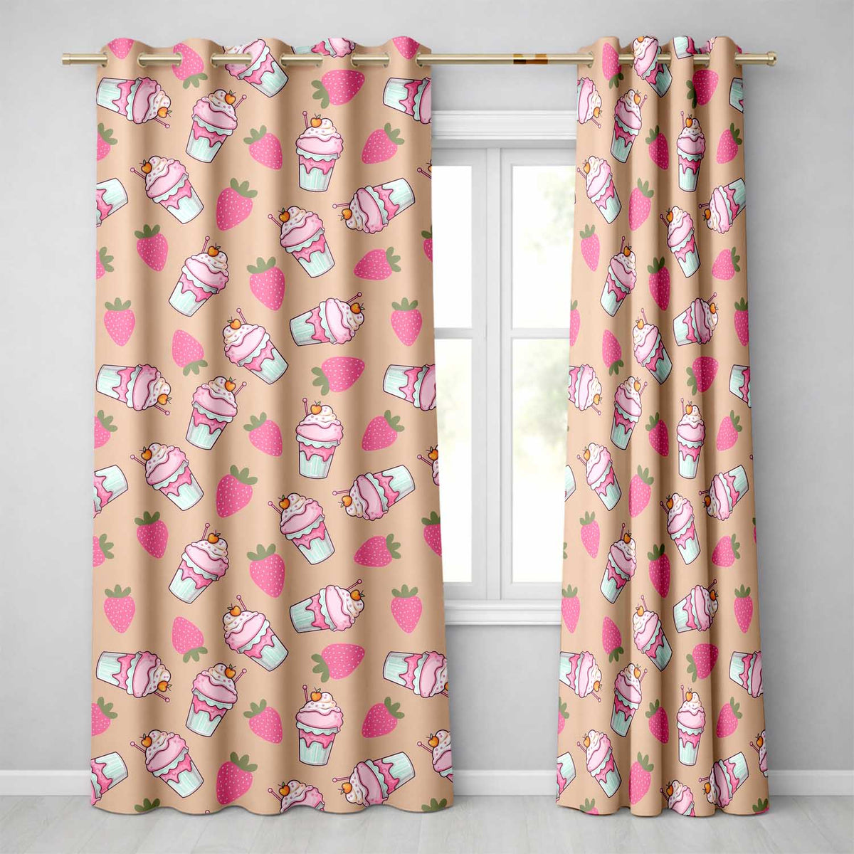 Cute Strawberry Cupcakes with Pink Frosting Beige Background Seamless Pattern Readymade Eyelet Ring Top Thermal 100% Blackout Curtains