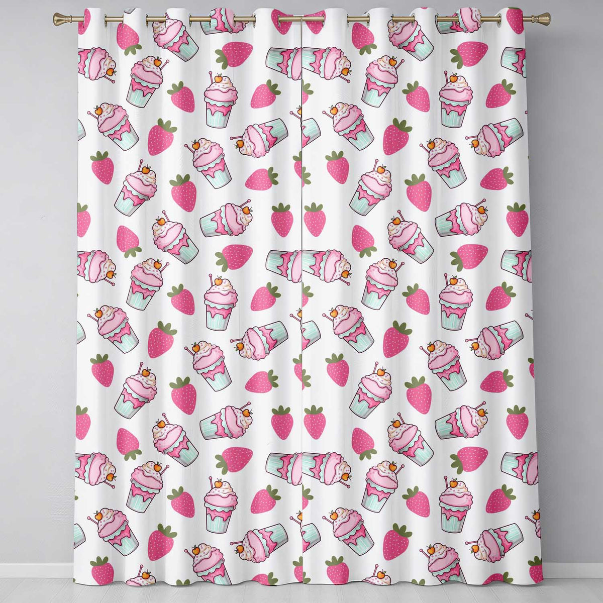 Cute Strawberry Cupcakes and Sweet Treats on Cream Background Seamless Pattern Readymade Eyelet Ring Top Thermal 100% Blackout Curtains