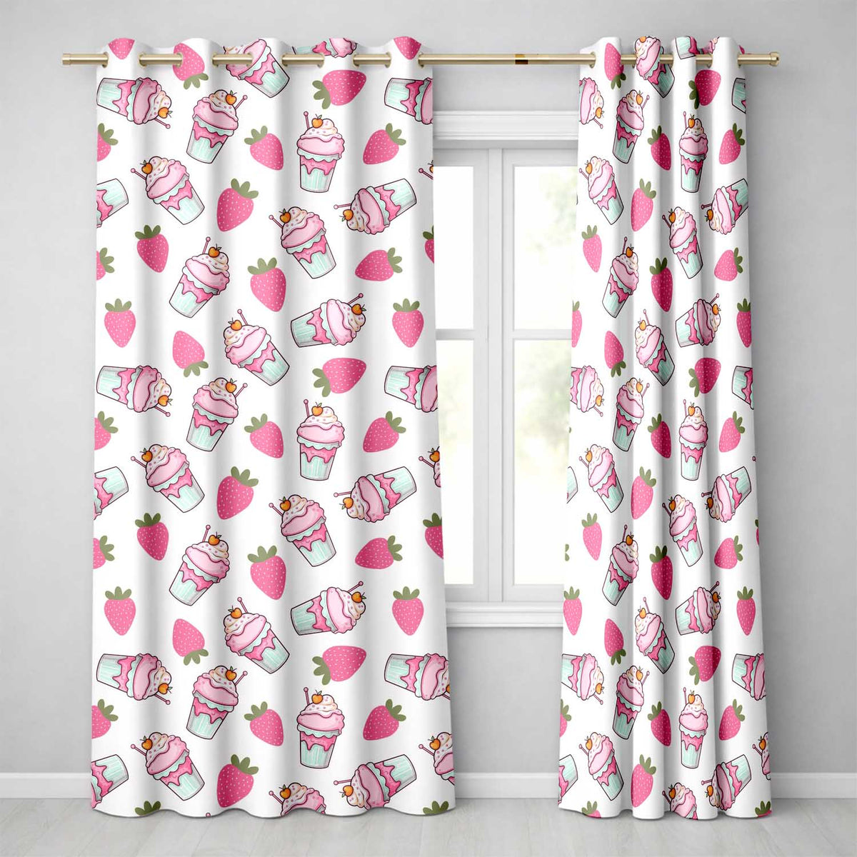 Cute Strawberry Cupcakes and Sweet Treats on Cream Background Seamless Pattern Readymade Eyelet Ring Top Thermal 100% Blackout Curtains
