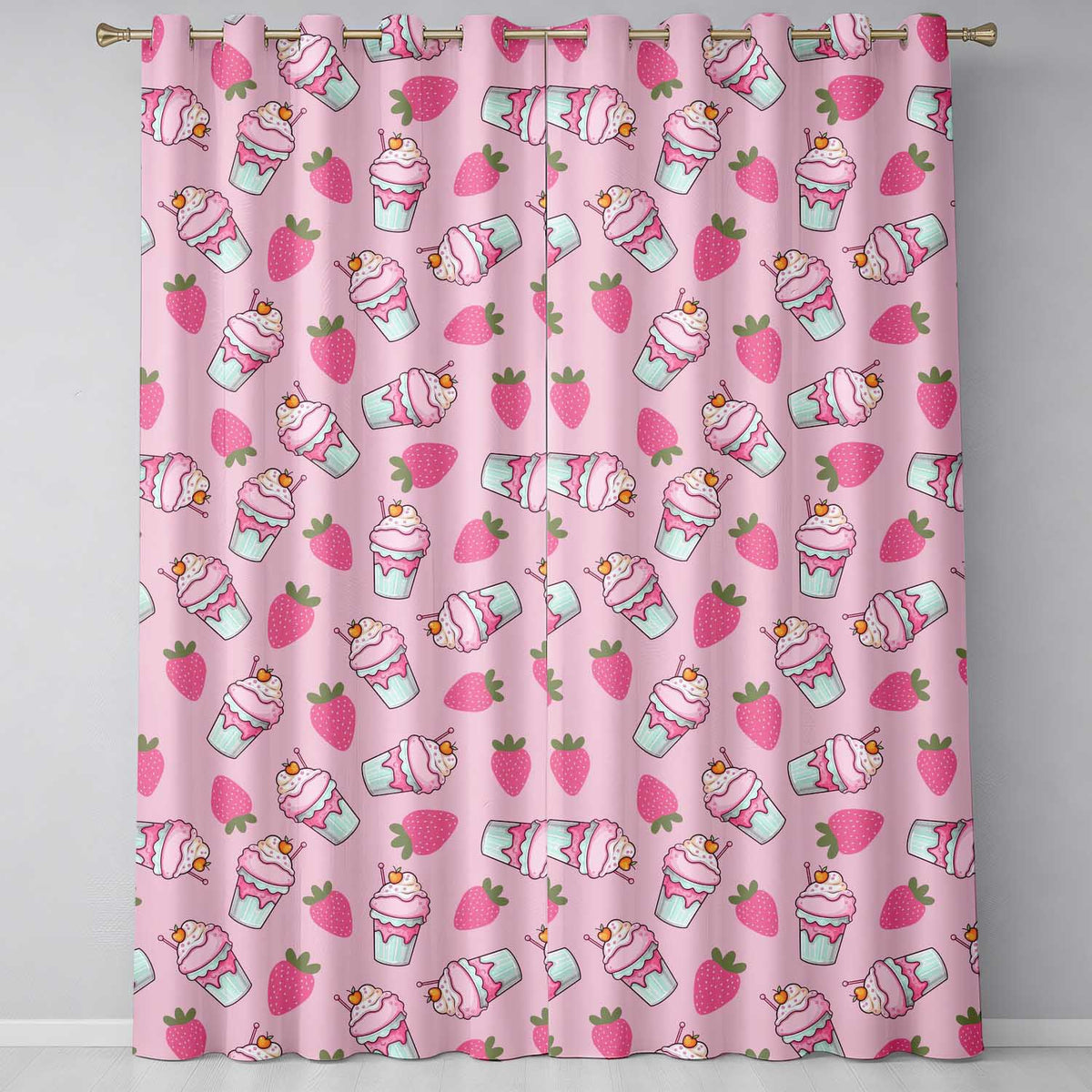 Strawberry Cupcakes and Sweet Treats on Soft Pink Background Seamless Pattern Readymade Eyelet Ring Top Thermal 100% Blackout Curtains