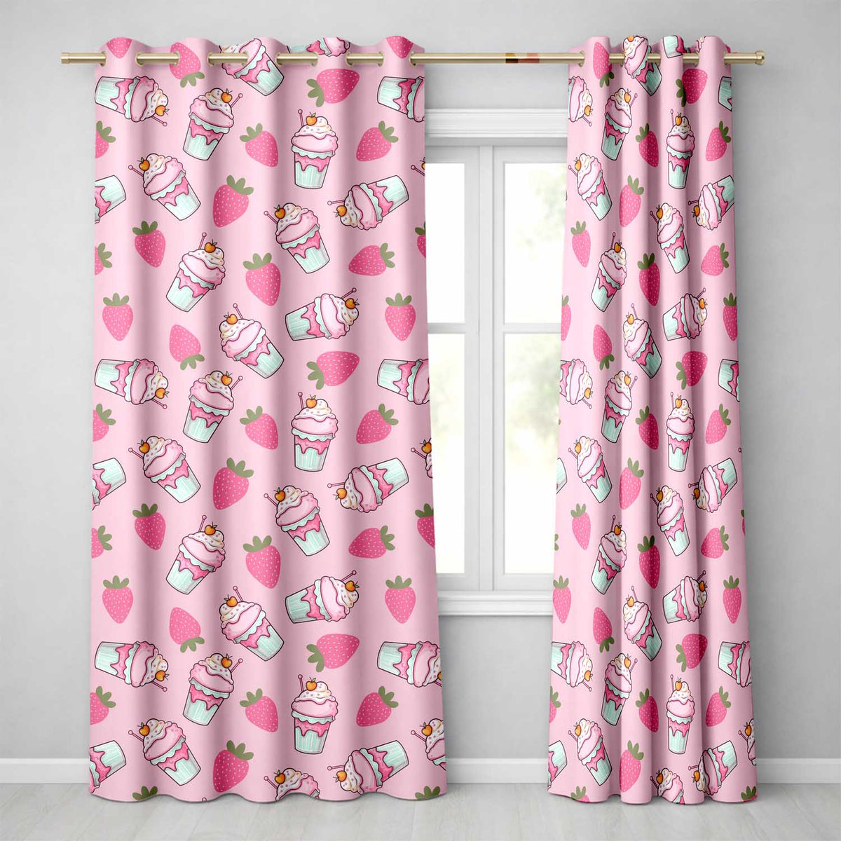 Strawberry Cupcakes and Sweet Treats on Soft Pink Background Seamless Pattern Readymade Eyelet Ring Top Thermal 100% Blackout Curtains