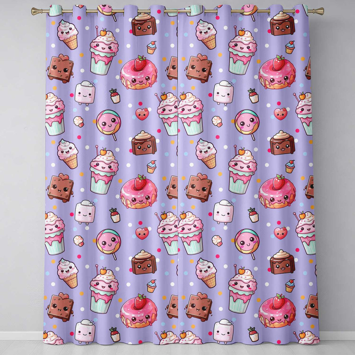Kawaii Desserts Cupcake Donut and Sweets on Purple Background Seamless Pattern Readymade Eyelet Ring Top Thermal 100% Blackout Curtains
