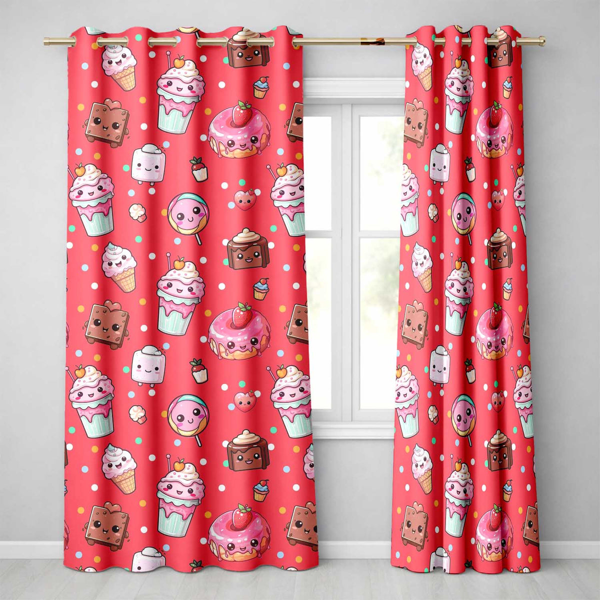 Kawaii Desserts Cupcakes Donuts and Sweets on Red Background Seamless Pattern Readymade Eyelet Ring Top Thermal 100% Blackout Curtains