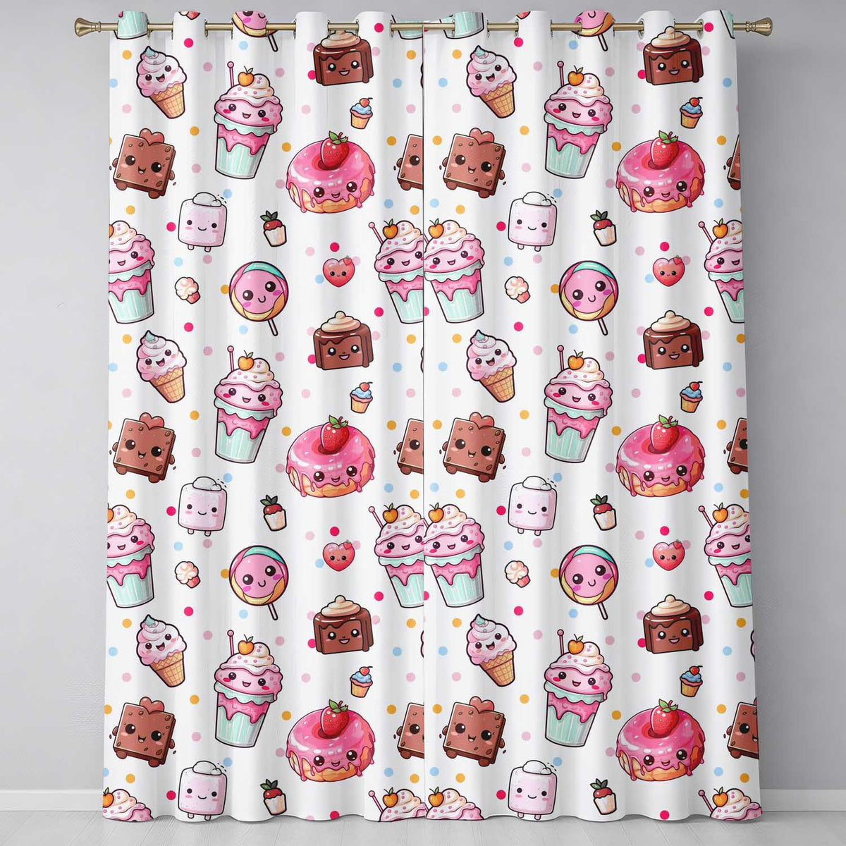 Kawaii Desserts Cupcakes Donuts and Sweets on Grey Background Seamless Pattern Readymade Eyelet Ring Top Thermal 100% Blackout Curtains