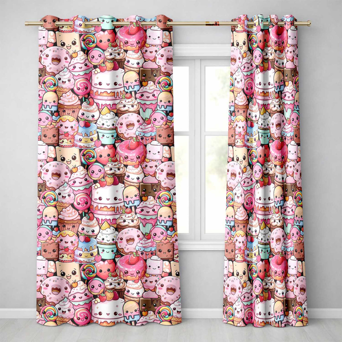 Kawaii Sweet Treats Cakes Donuts Candy and Cupcakes Collage Seamless Pattern Readymade Eyelet Ring Top Thermal 100% Blackout Curtains