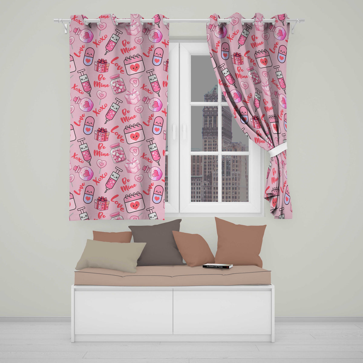 Valentines Love Hearts Gifts Candy Syringe Pink Background Seamless Pattern Readymade Eyelet Ring Top Thermal 100% Blackout Curtains