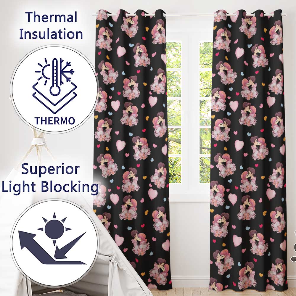 Valentines Love Couple Kissing Floral Hearts Black Background Seamless Pattern Readymade Eyelet Ring Top Thermal 100% Blackout Curtains