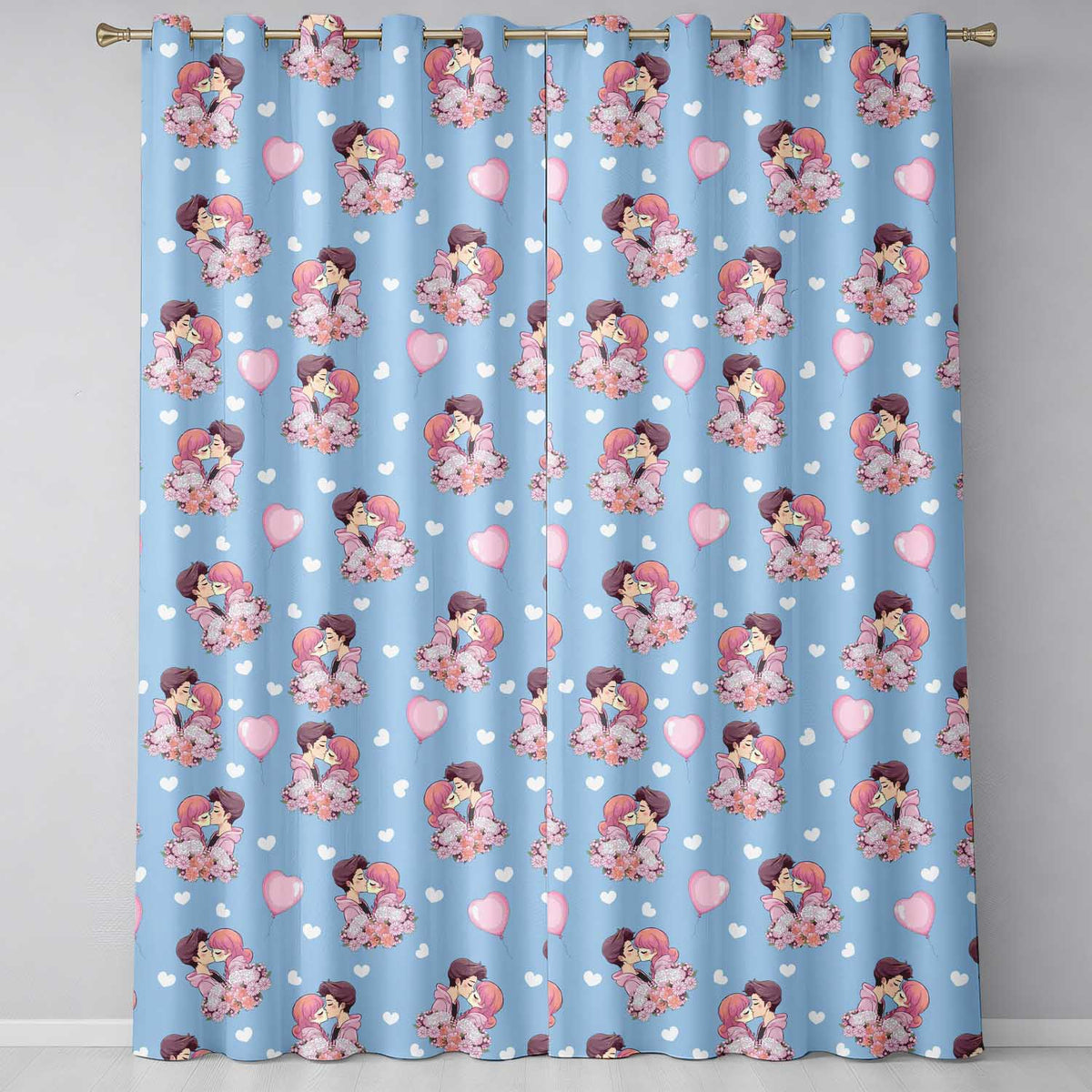 Valentines Love Couple Kissing Floral Hearts Blue Background Seamless Pattern Readymade Eyelet Ring Top Thermal 100% Blackout Curtains