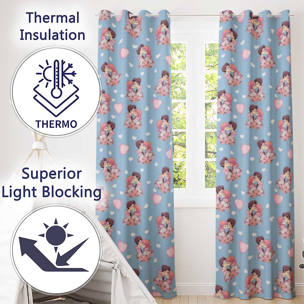Valentines Love Couple Kissing Floral Hearts Blue Background Seamless Pattern Readymade Eyelet Ring Top Thermal 100% Blackout Curtains
