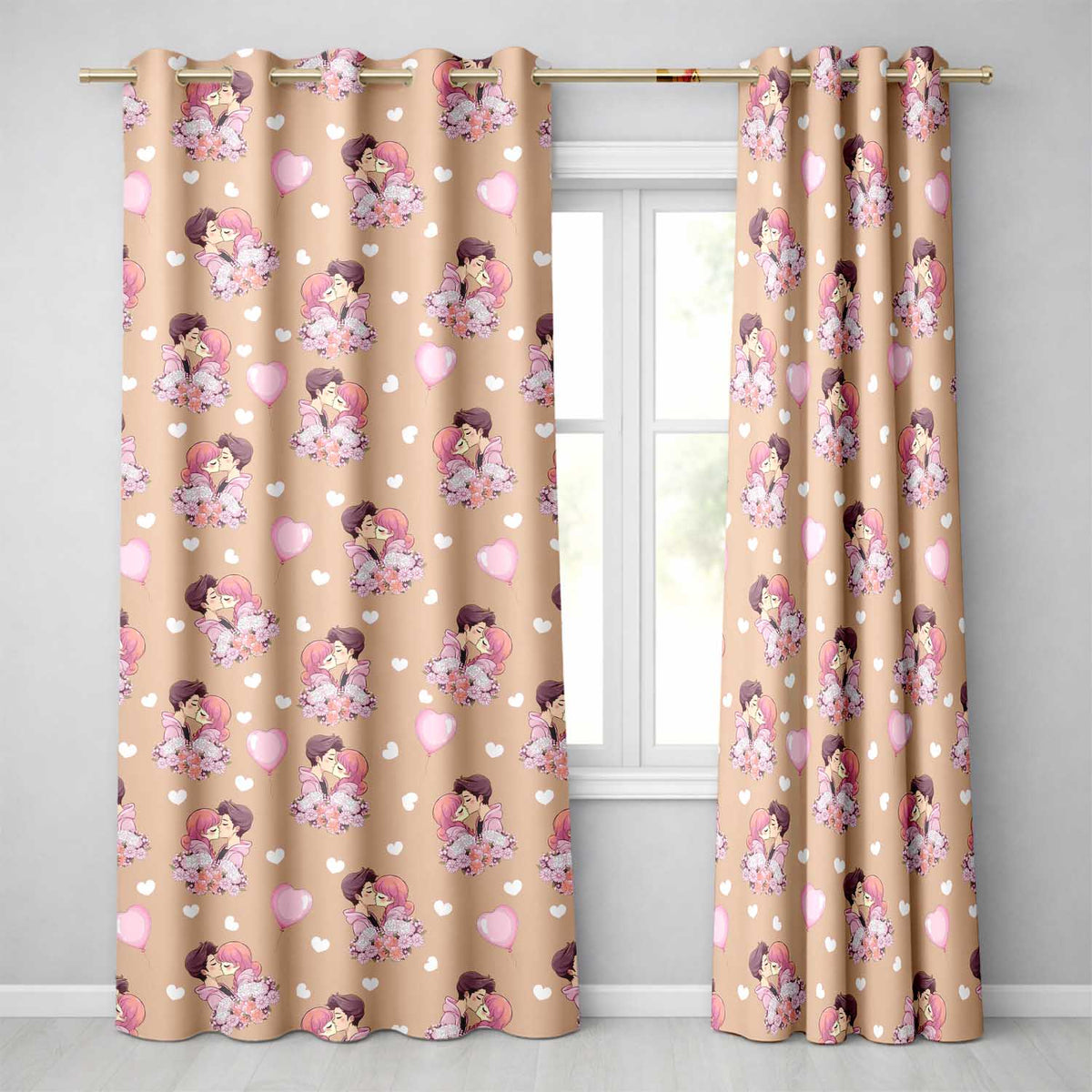 Valentines Love Couple Kissing Floral Hearts Brown Background Seamless Pattern Readymade Eyelet Ring Top Thermal 100% Blackout Curtains