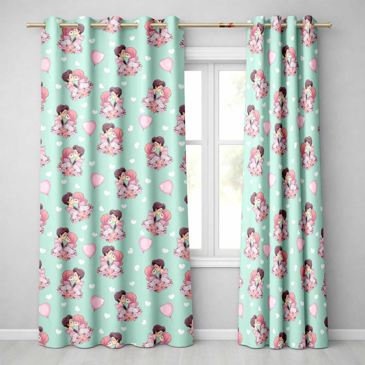 Valentines Love Couple Kissing Floral Hearts Green Background Seamless Pattern Readymade Eyelet Ring Top Thermal 100% Blackout Curtains