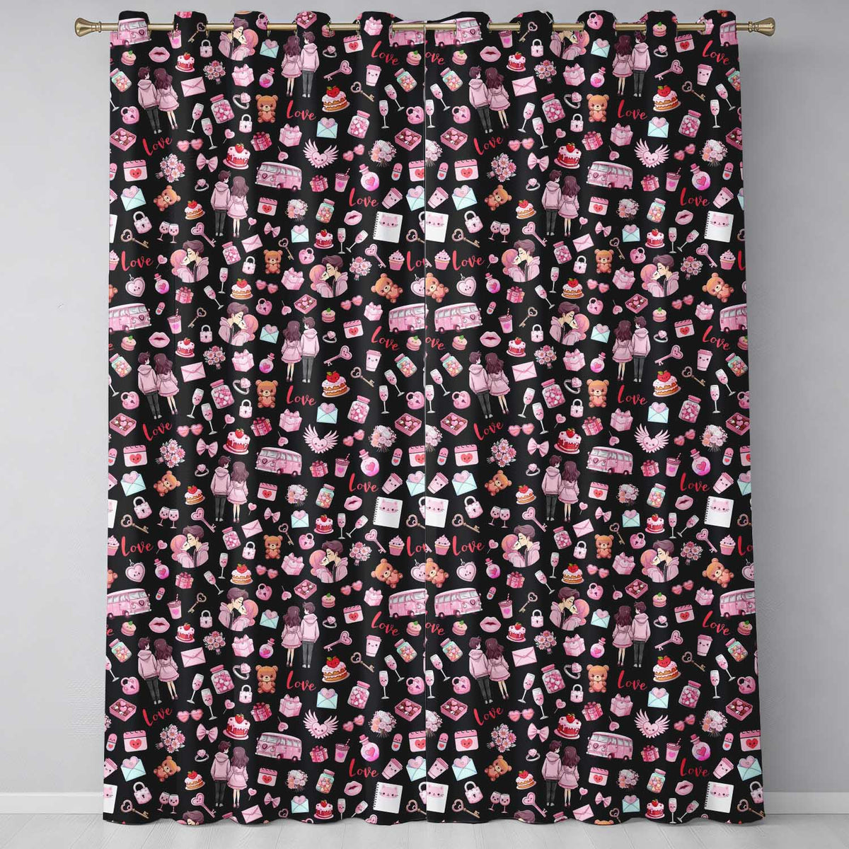Cute Valentines Couple Love Gifts Hearts Black Background Seamless Pattern Readymade Eyelet Ring Top Thermal 100% Blackout Curtains