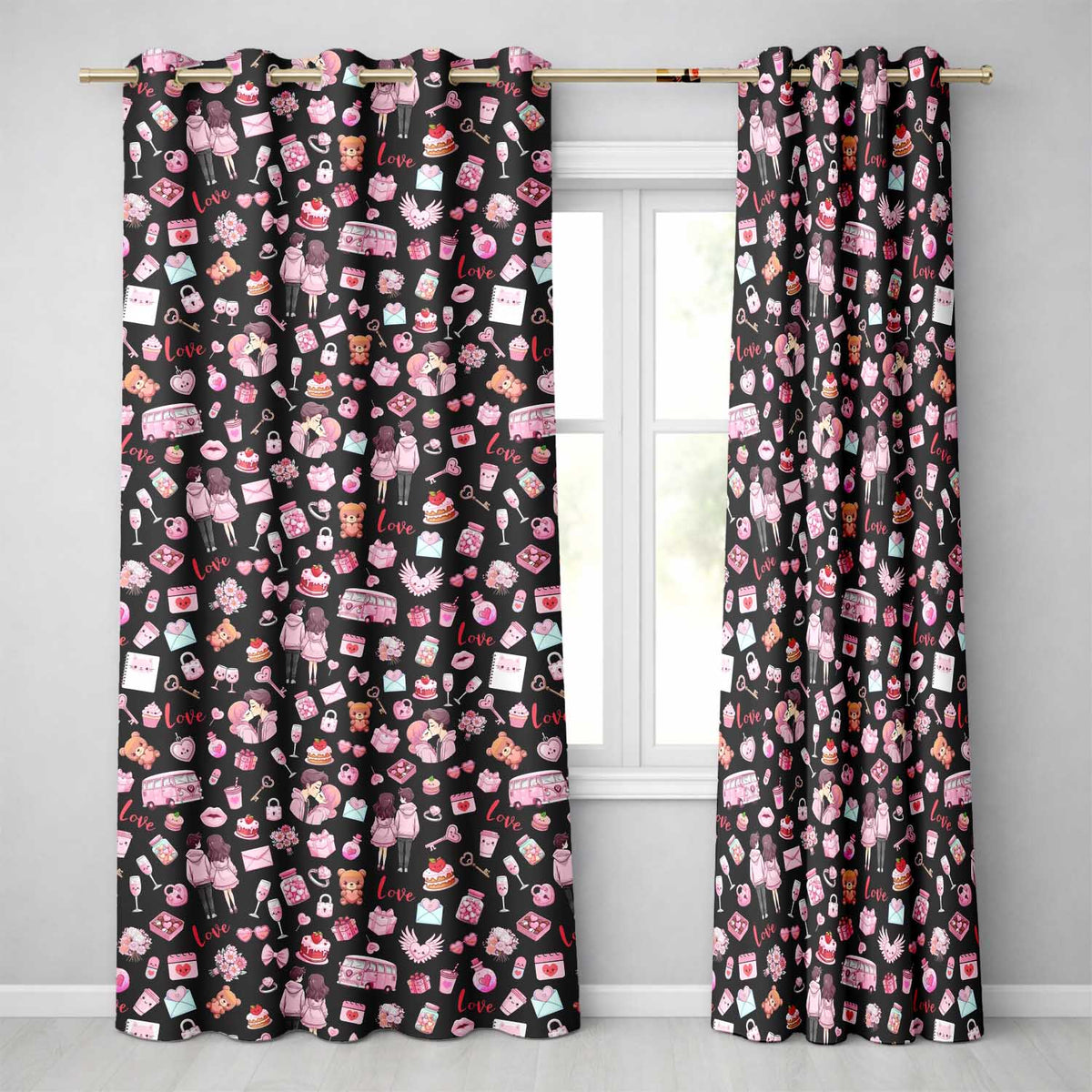 Cute Valentines Couple Love Gifts Hearts Black Background Seamless Pattern Readymade Eyelet Ring Top Thermal 100% Blackout Curtains