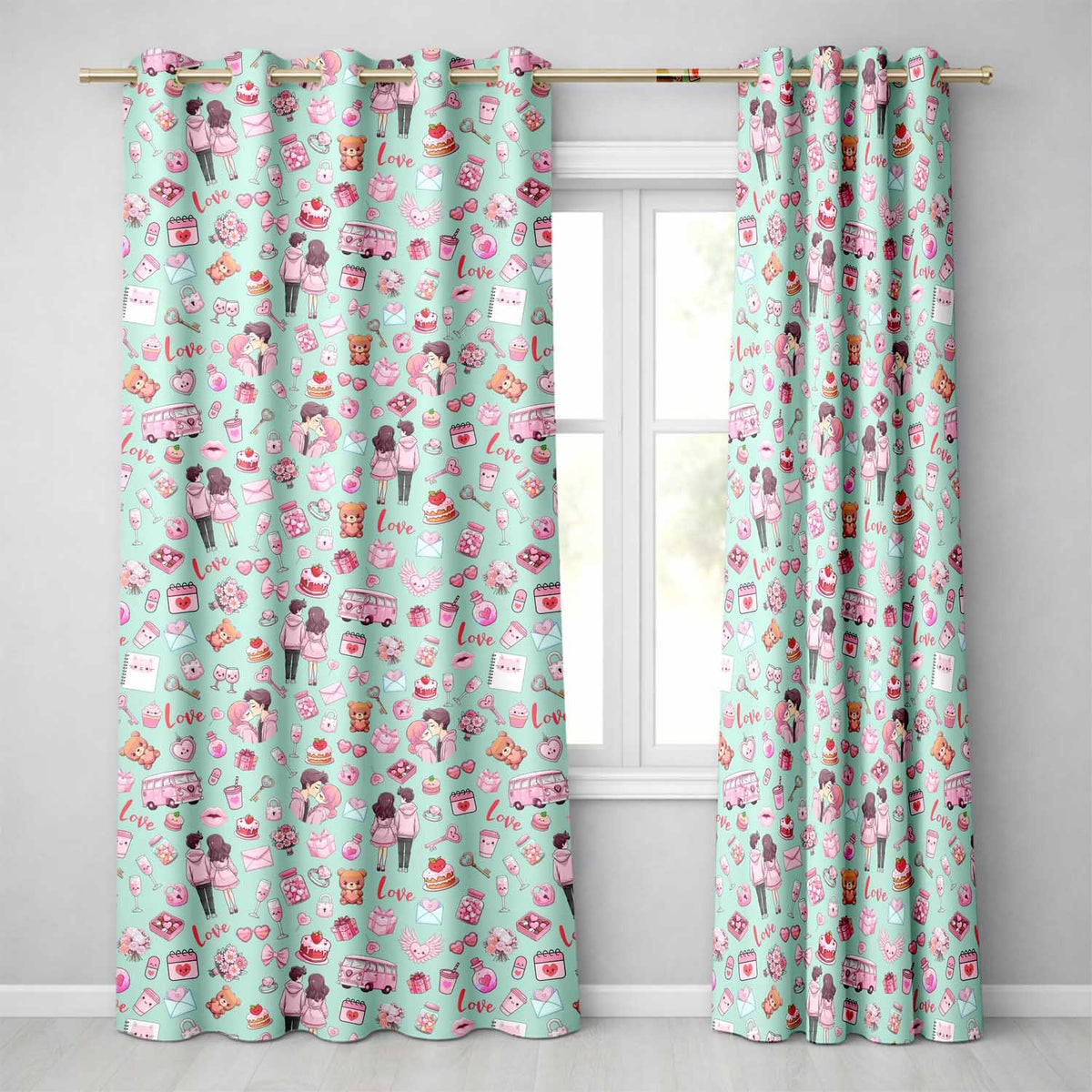 Cute Valentines Couple Love Gifts Hearts Mint Background Seamless Pattern Readymade Eyelet Ring Top Thermal 100% Blackout Curtains
