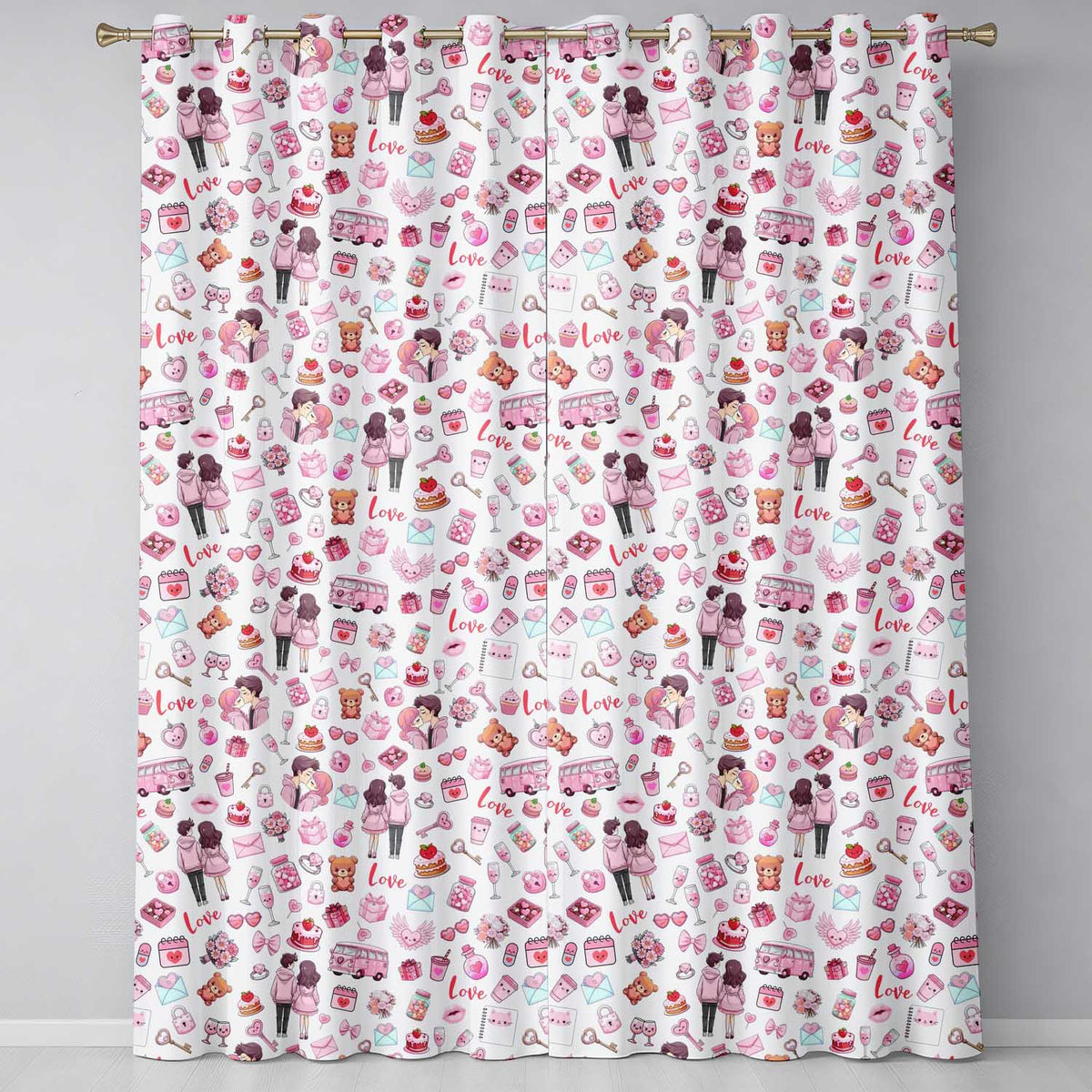 Cute Valentines Couple Love Gifts Hearts Grey Background Seamless Pattern Readymade Eyelet Ring Top Thermal 100% Blackout Curtains