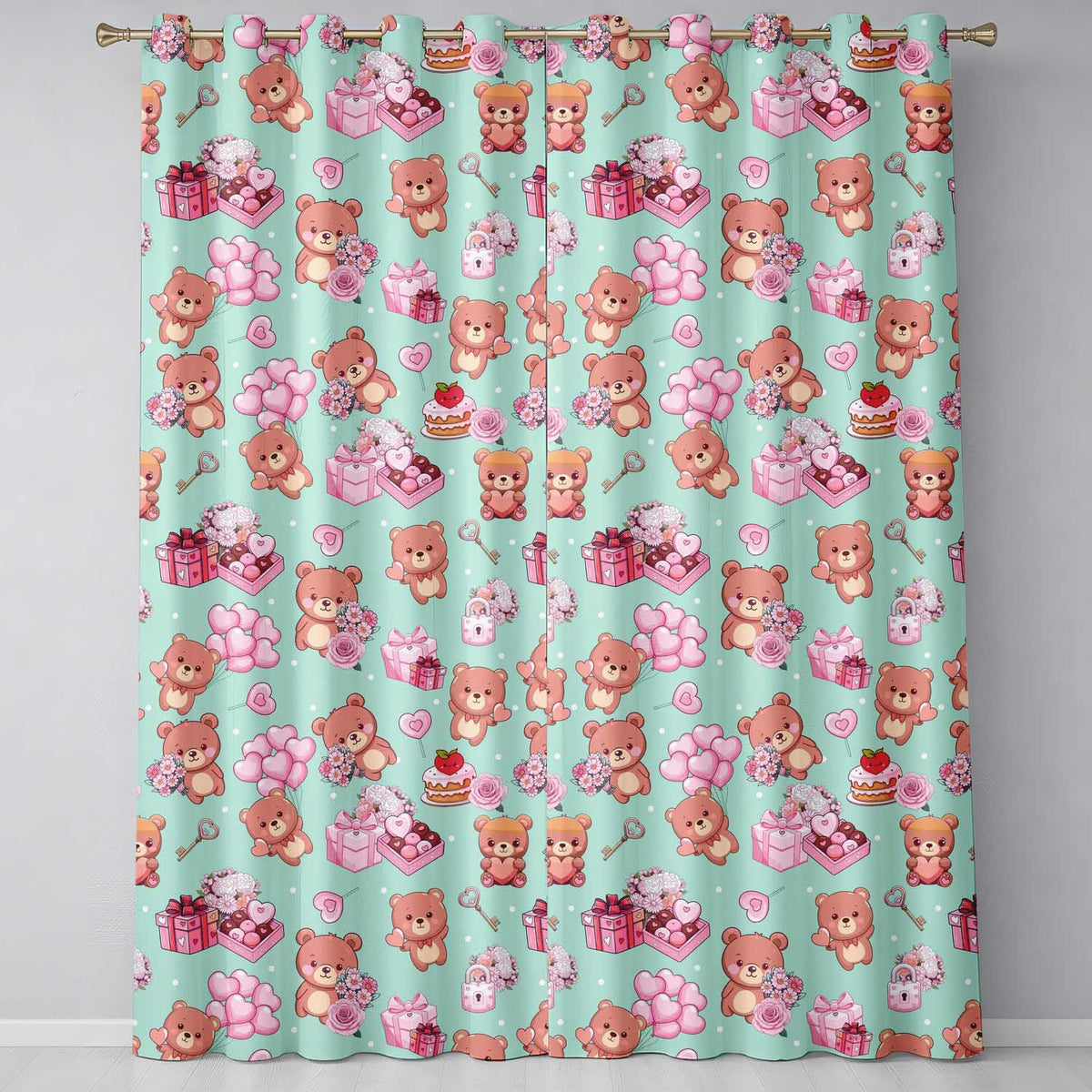 Cute Teddy Bears Hearts Balloons Gifts Valentines Seamless Pattern Readymade Eyelet Ring Top Thermal 100% Blackout Curtains