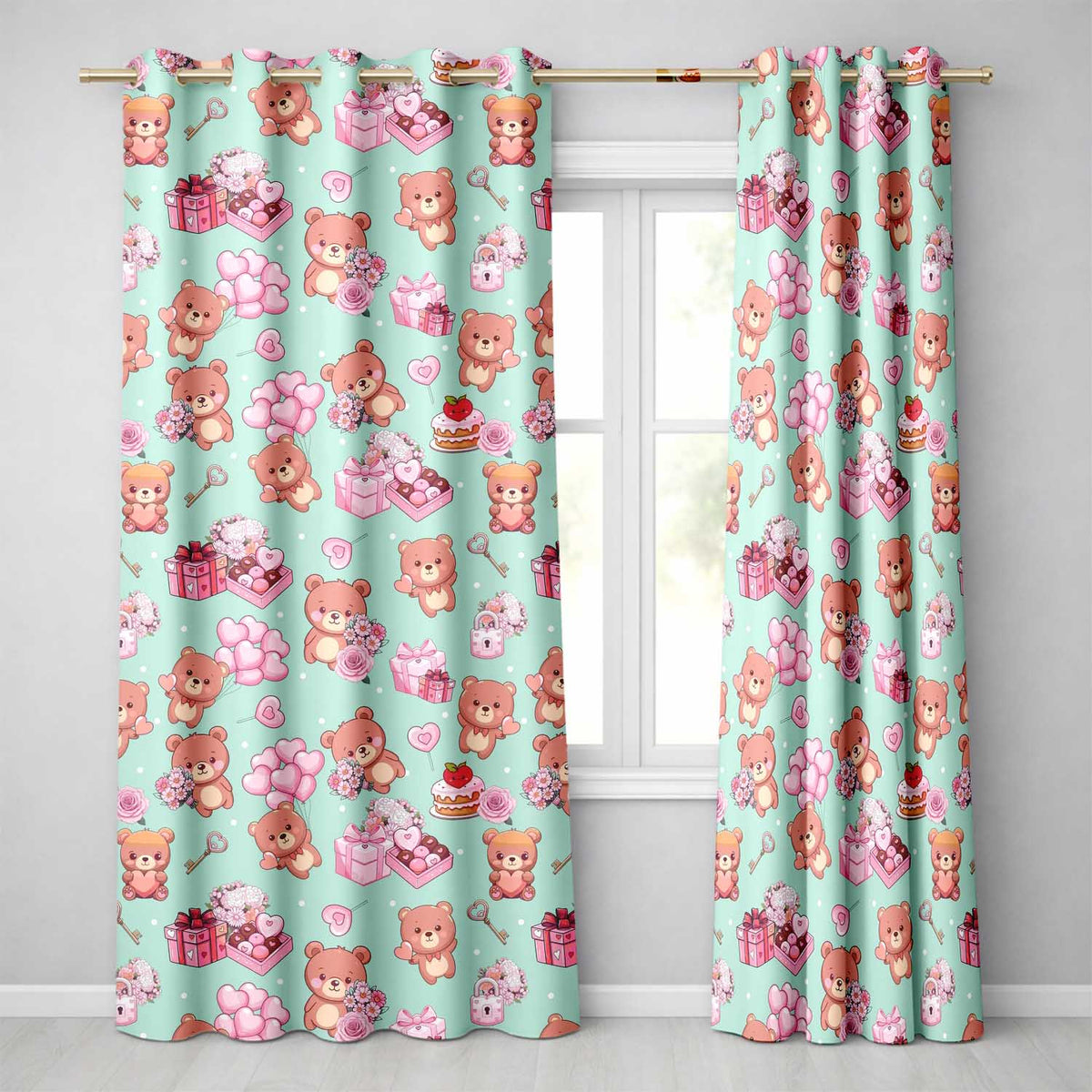 Cute Teddy Bears Hearts Balloons Gifts Valentines Seamless Pattern Readymade Eyelet Ring Top Thermal 100% Blackout Curtains