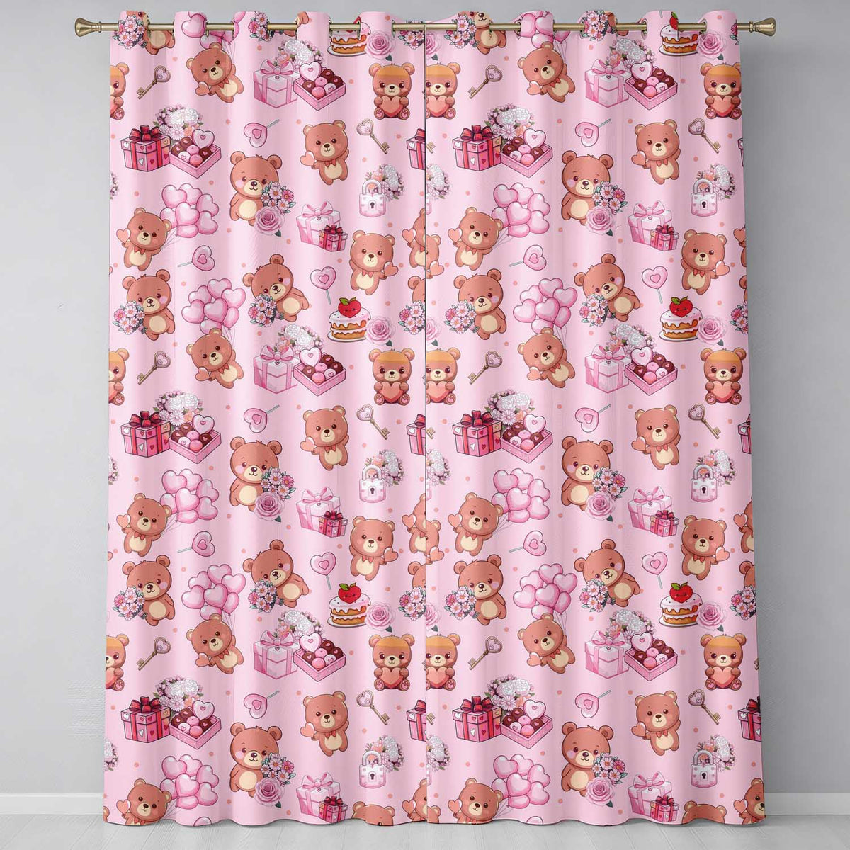 Cute Teddy Bears Hearts Balloons Gifts Pink Background Seamless Pattern Readymade Eyelet Ring Top Thermal 100% Blackout Curtains