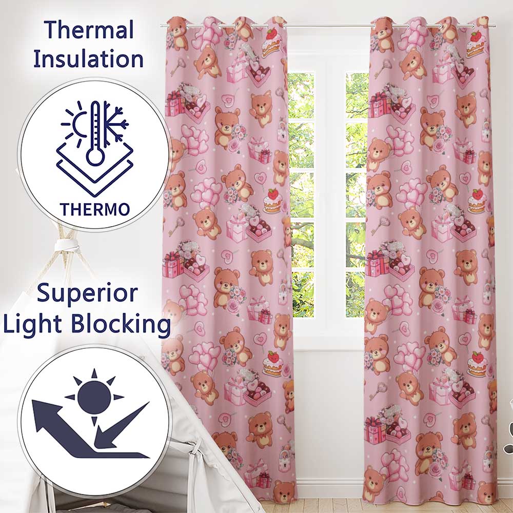 Cute Teddy Bears Hearts Balloons Gifts Blush Pink Seamless Pattern Readymade Eyelet Ring Top Thermal 100% Blackout Curtains