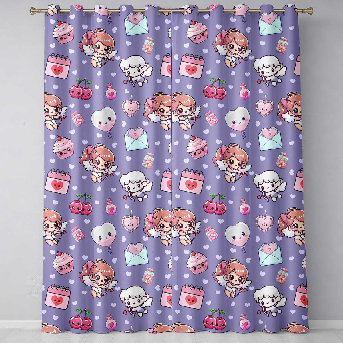 Cute Cupid Angels Hearts Sweets Violet Seamless Pattern Readymade Eyelet Ring Top Thermal 100% Blackout Curtains