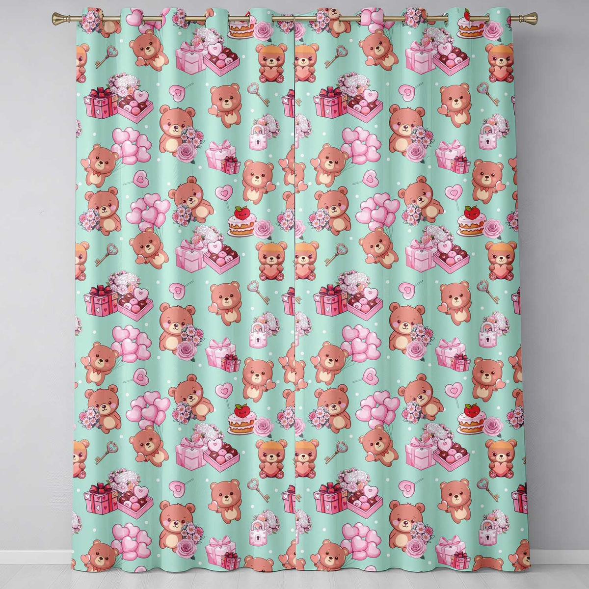 Cute Teddy Bears Gifts Hearts Mint Background Seamless Pattern Readymade Eyelet Ring Top Thermal 100% Blackout Curtains