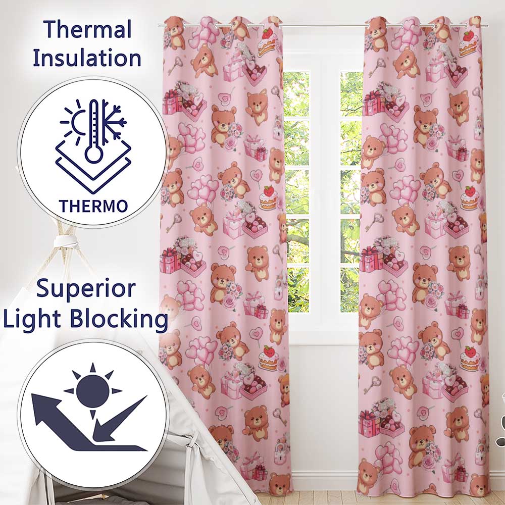Cute Teddy Bears Gifts Hearts Light Pink Seamless Pattern Readymade Eyelet Ring Top Thermal 100% Blackout Curtains